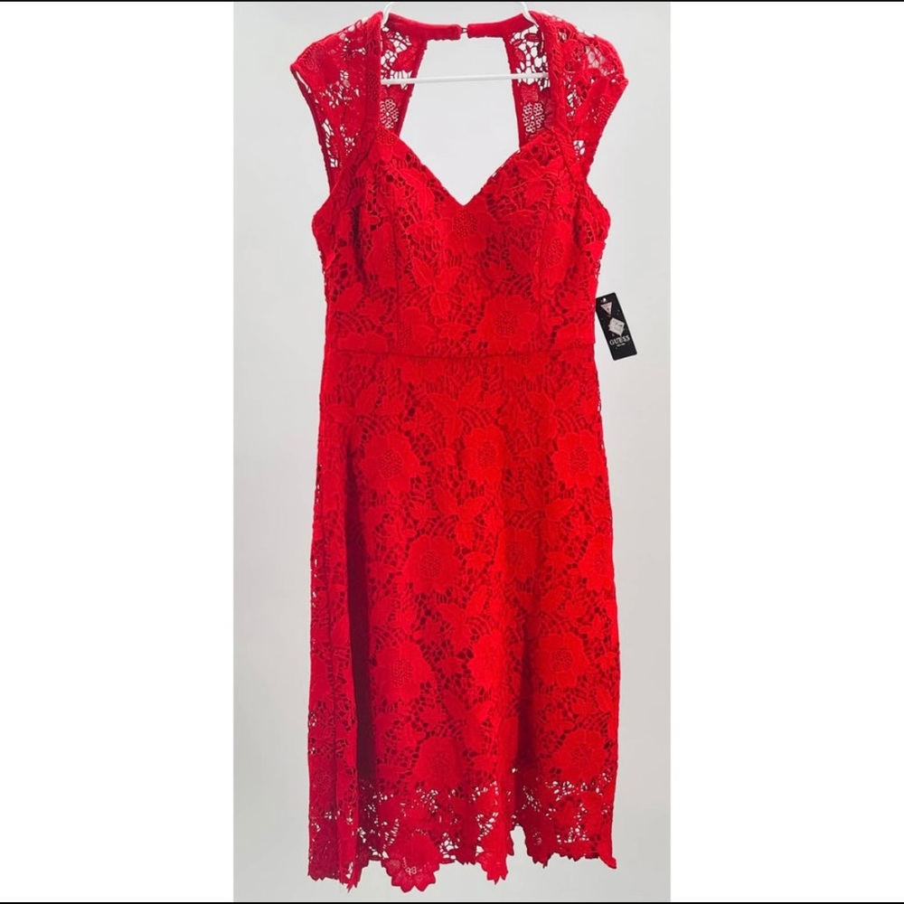 GUESS red crochet lace midi dress